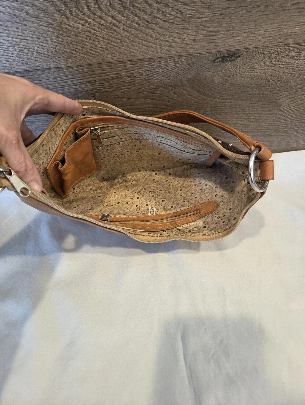 Tooled Two-Tone Brown Leather Boho Western Shoulder Bag